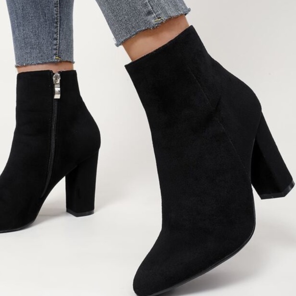 Faux Suede Zipper Side Point Toe Heeled Boots - Picture 1 of 8